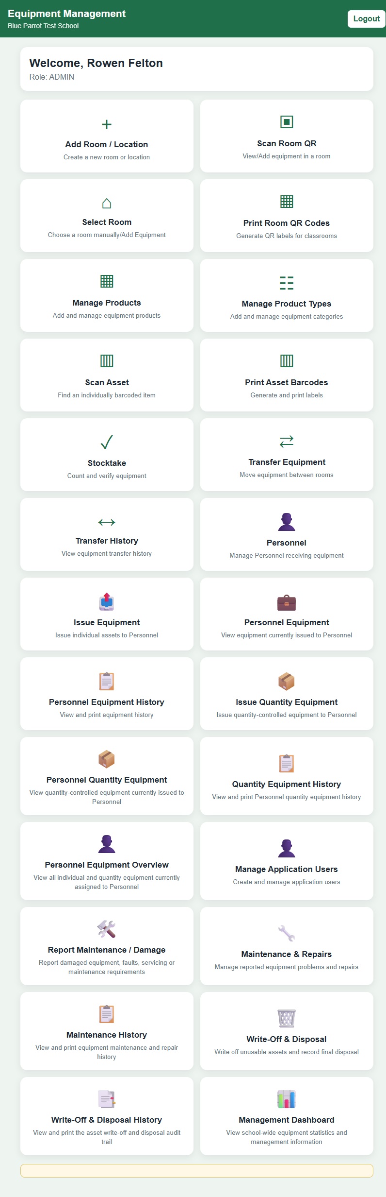 Equipment Management dashboard showing available functions