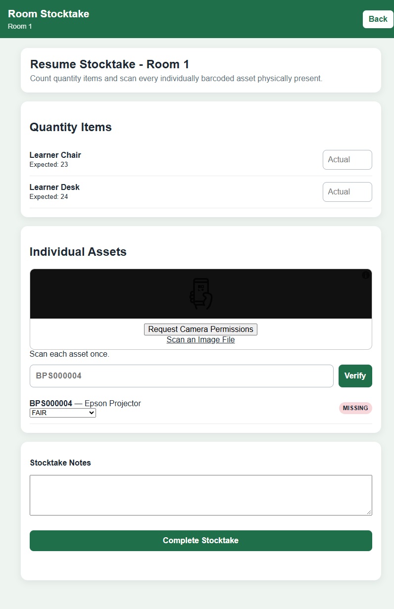 Room Stocktake screen showing quantity counting and barcode verification
